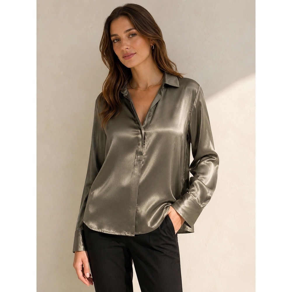 Rails Nissa Olive Satin Long Sleeve Blouse Top 924-603B-539 Medium